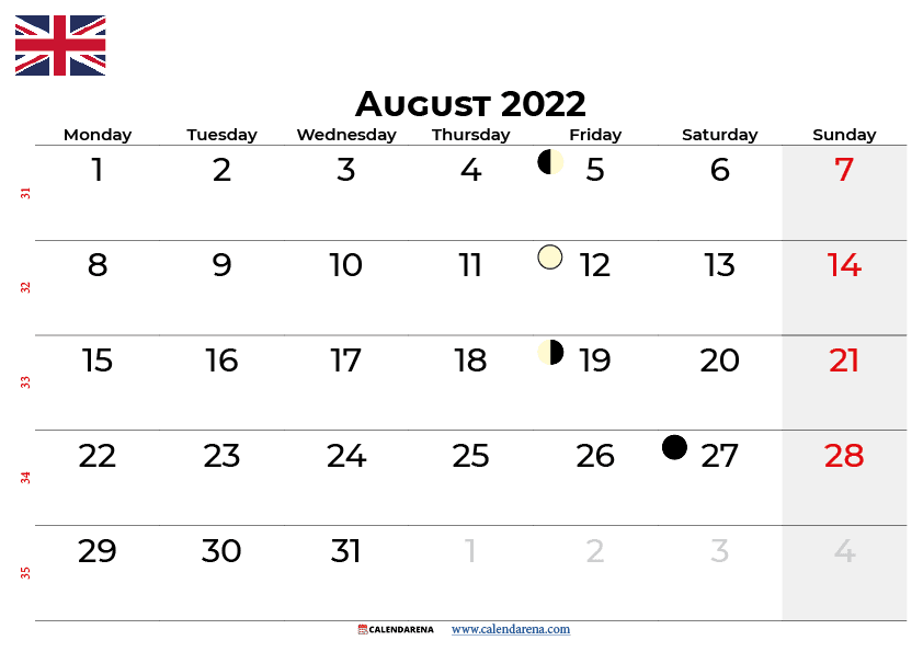 august calendar 2022 UK