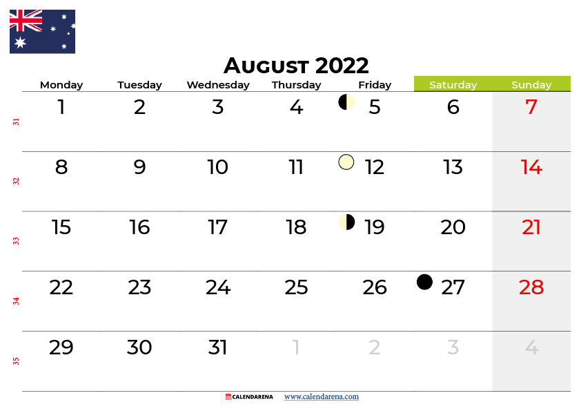 august calendar 2022 australia