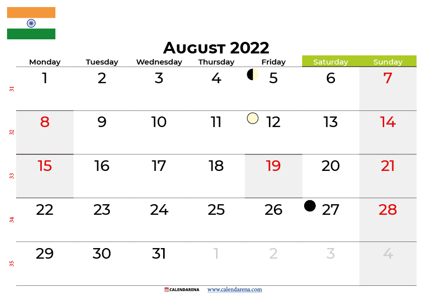 august calendar 2022 india
