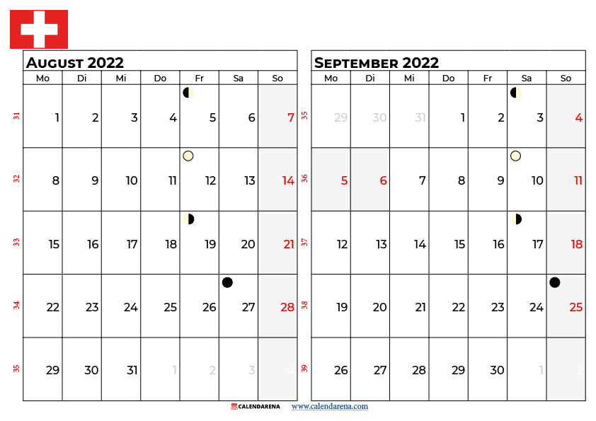 august september 2022 calendar Schweiz