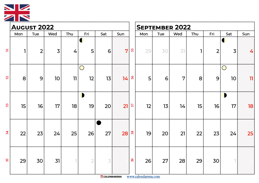 august september 2022 calendar UK