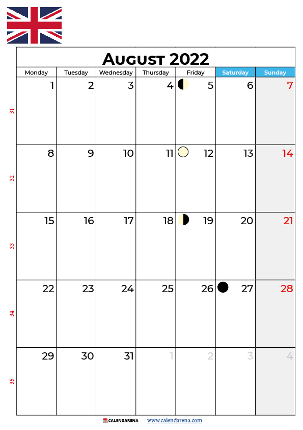 calendar 2022 august UK