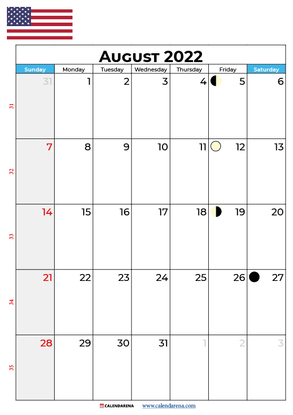 calendar 2022 august USA