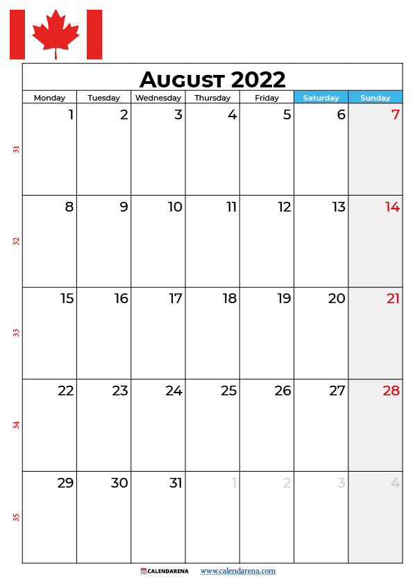 calendar 2022 august canada