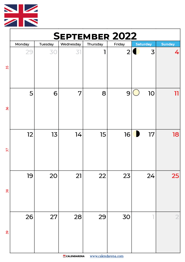 calendar 2022 september UK