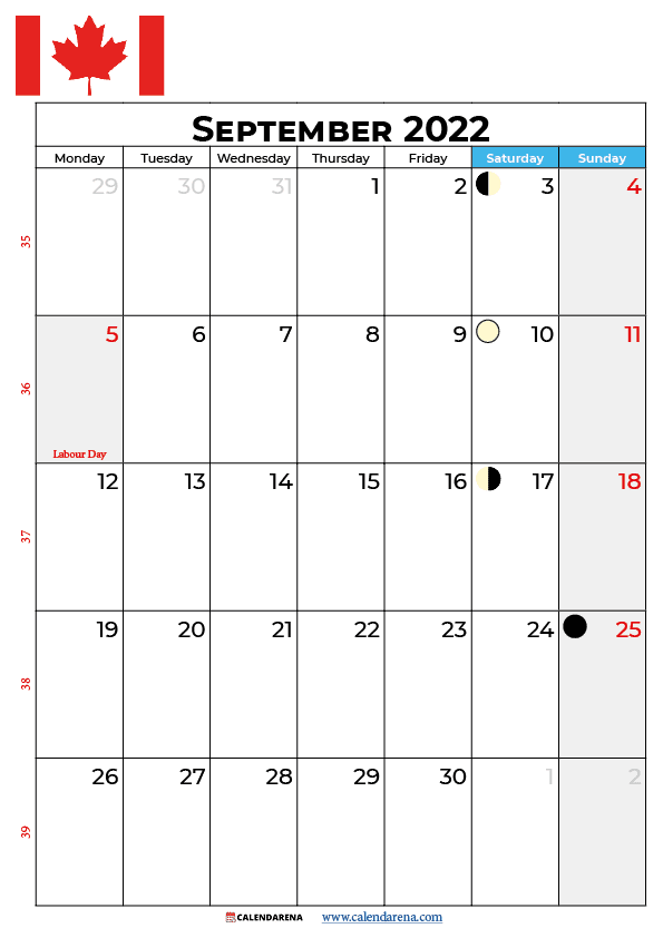 calendar 2022 september canada
