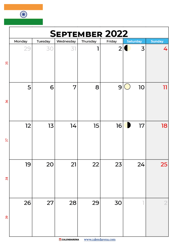 calendar 2022 september india