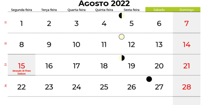 calendário AGOSTO 2022 portugal