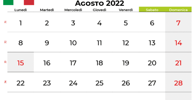 calendario agosto 2022 italia