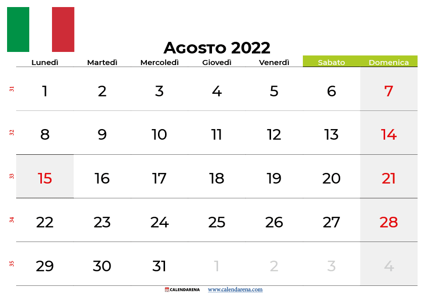 calendario agosto 2022 italia