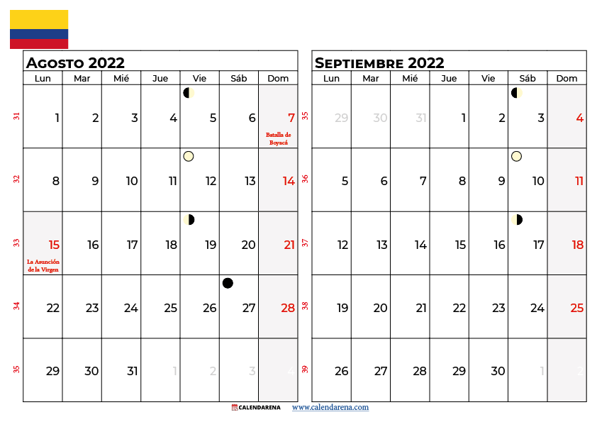 calendario agosto septiembre 2022 colombia