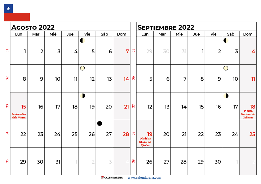 calendario agosto y septiembre 2022 chile