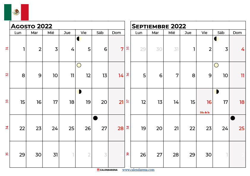 calendario agosto y septiembre 2022 mexico