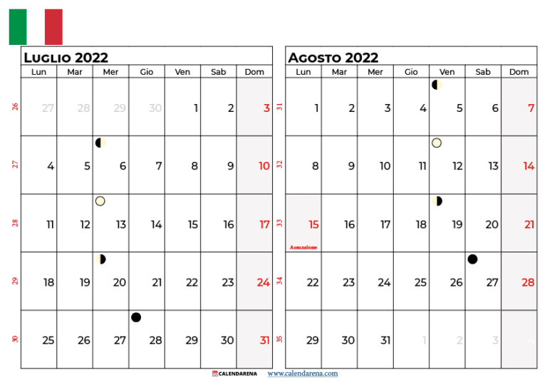 Calendario Agosto 2022 Da Stampare Gratuitamente 🇮🇹