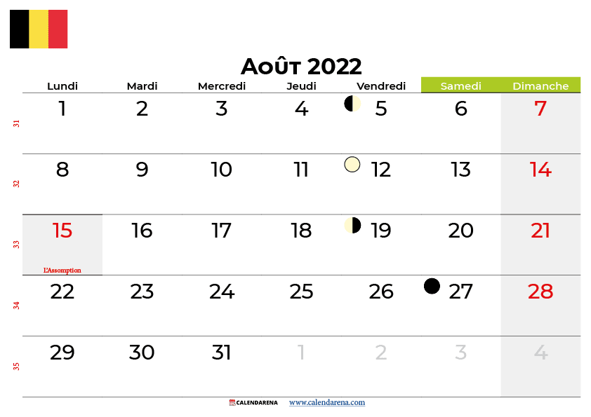 calendrier aout 2022 belgique