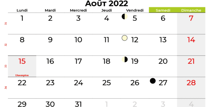 calendrier aout 2022 france