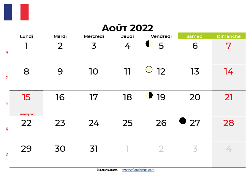 calendrier aout 2022 france