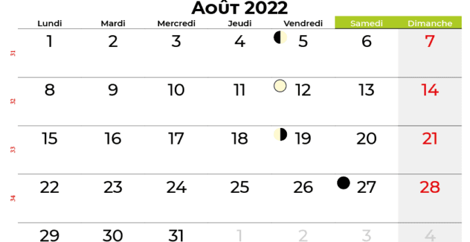 calendrier aout 2022 québec canada
