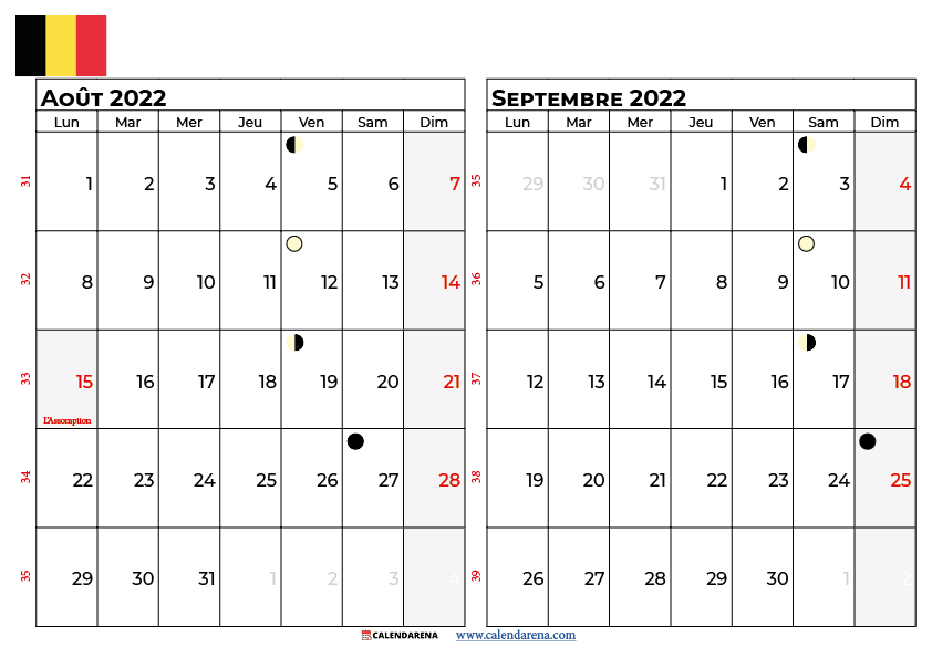 calendrier aout septembre 2022 à imprimer belgique