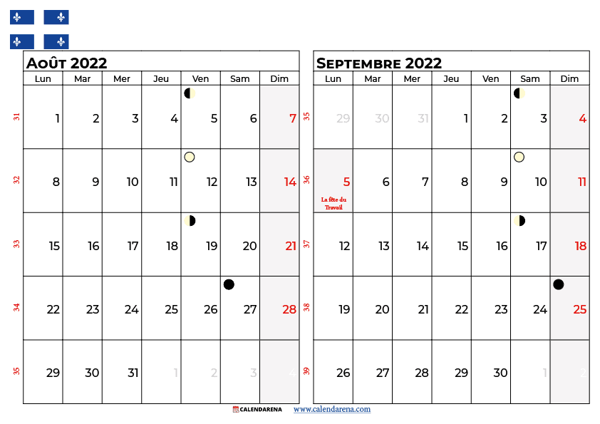 calendrier aout septembre 2022 à imprimer québec canada