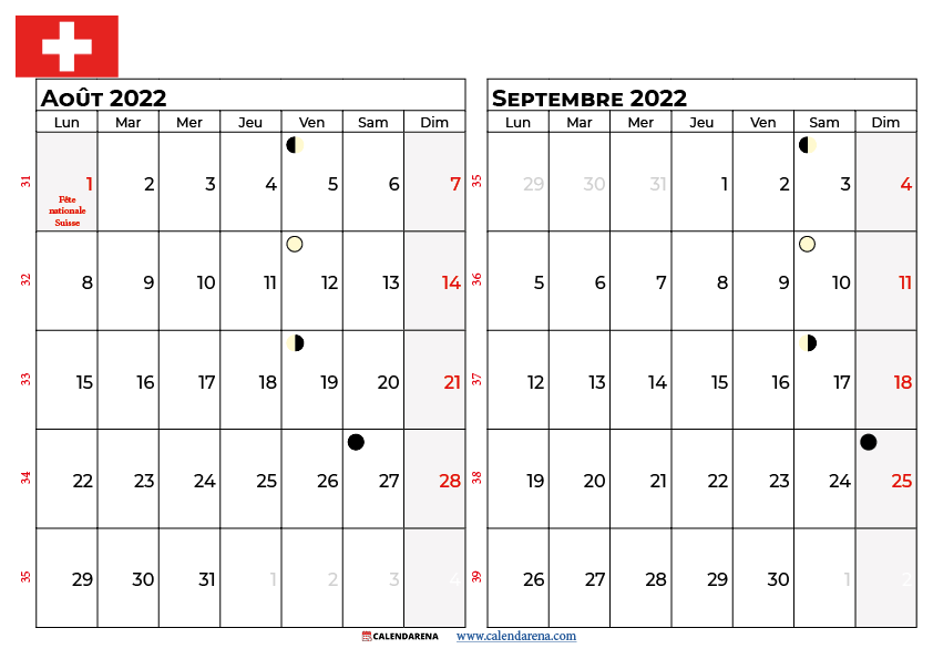 calendrier aout septembre 2022 à imprimer suisse