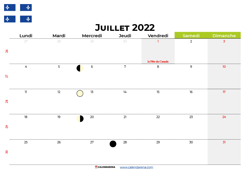 calendrier juillet 2022 québec canada