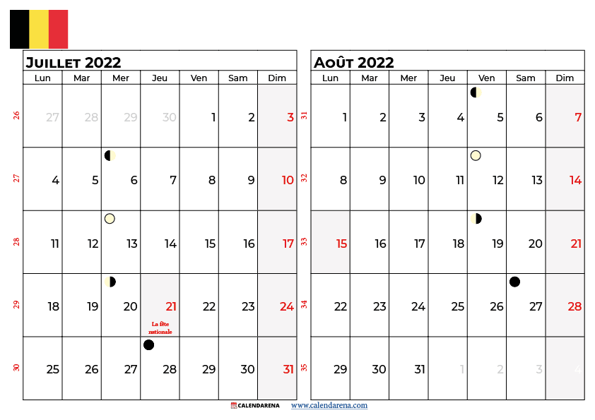 calendrier juillet aout 2022 à imprimer belgique