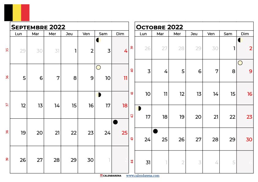 calendrier septembre octobre 2022 à imprimer belgique