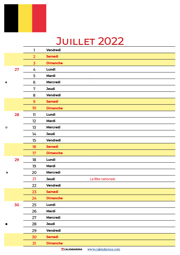 juillet 2022 calendrier belgique