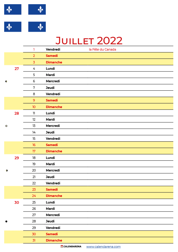 juillet 2022 calendrier québec canada