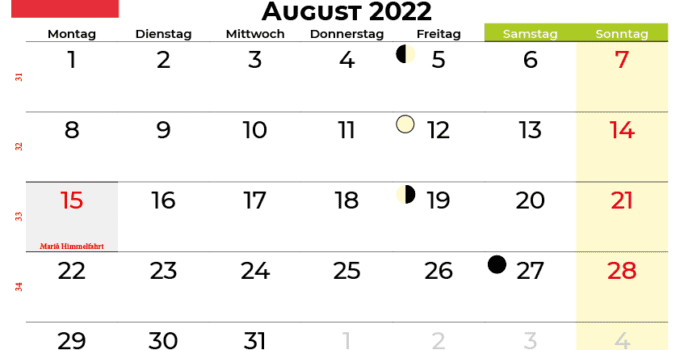kalender august 2022 Österreich