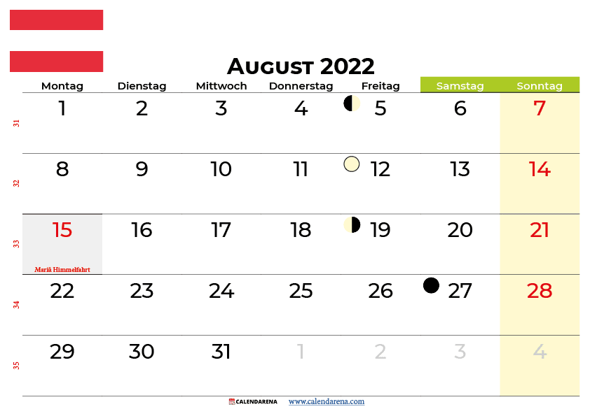 kalender august 2022 Österreich