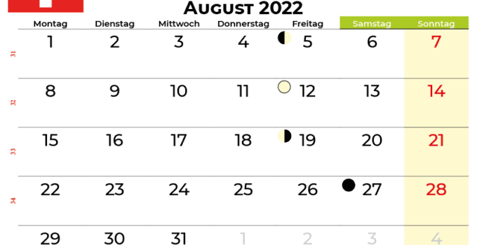 kalender august 2022 Schweiz