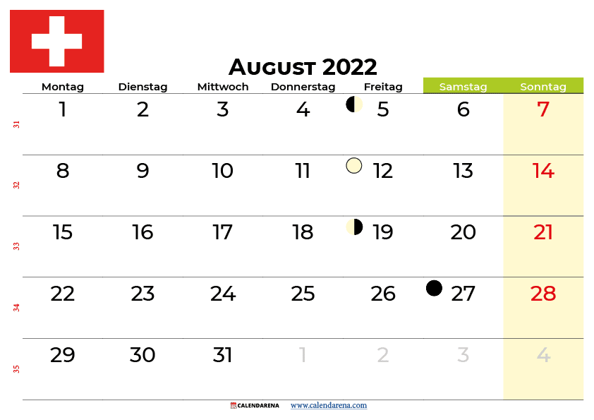 kalender august 2022 Schweiz