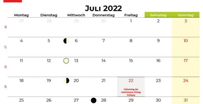 kalender juli 2022 Schweiz