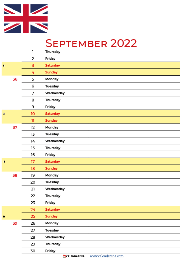 september 2022 calendar UK