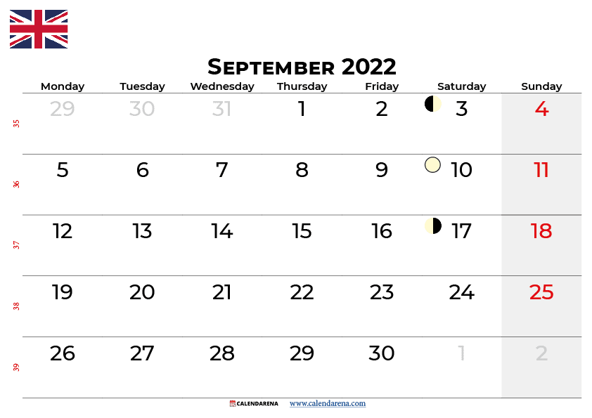 september calendar 2022 UK