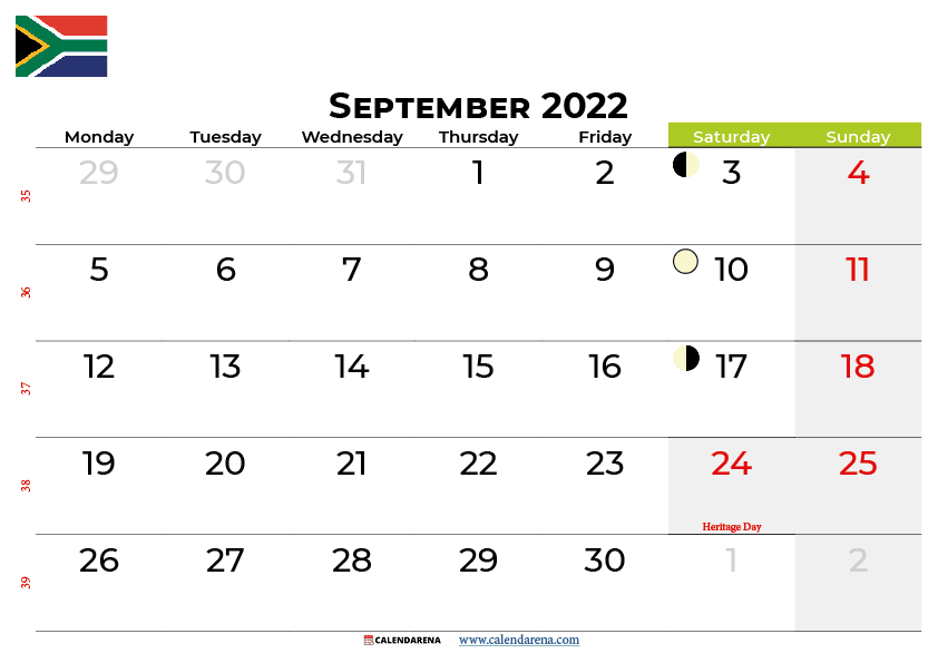 september calendar 2022 south africa