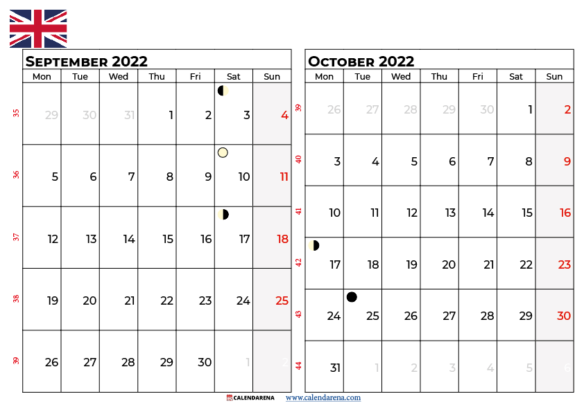 september october 2022 calendar UK