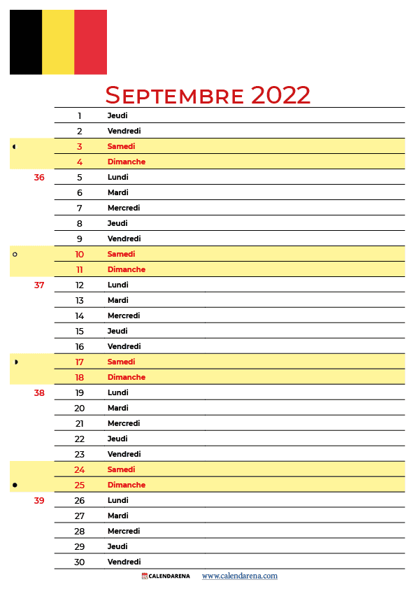 septembre 2022 calendrier belgique