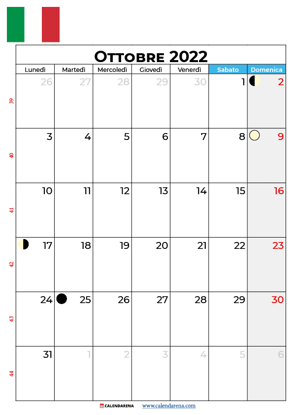 Calendario ottobre 2022