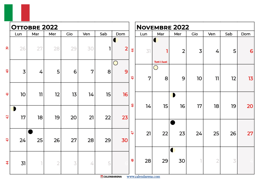 Calendario ottobre novembre 2022