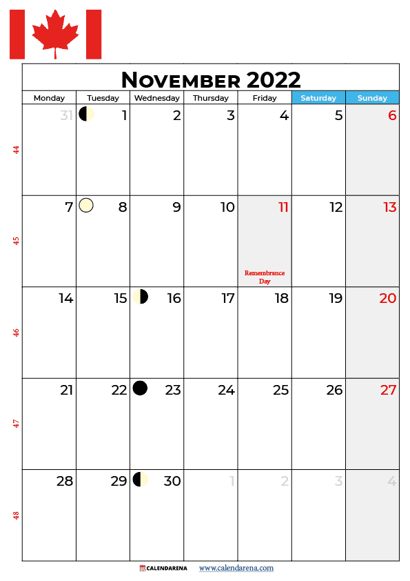 calendar 2022 november canada