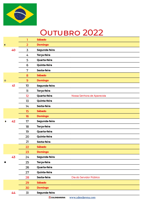 calendario de Outubro 2022 para imprimir Brasil