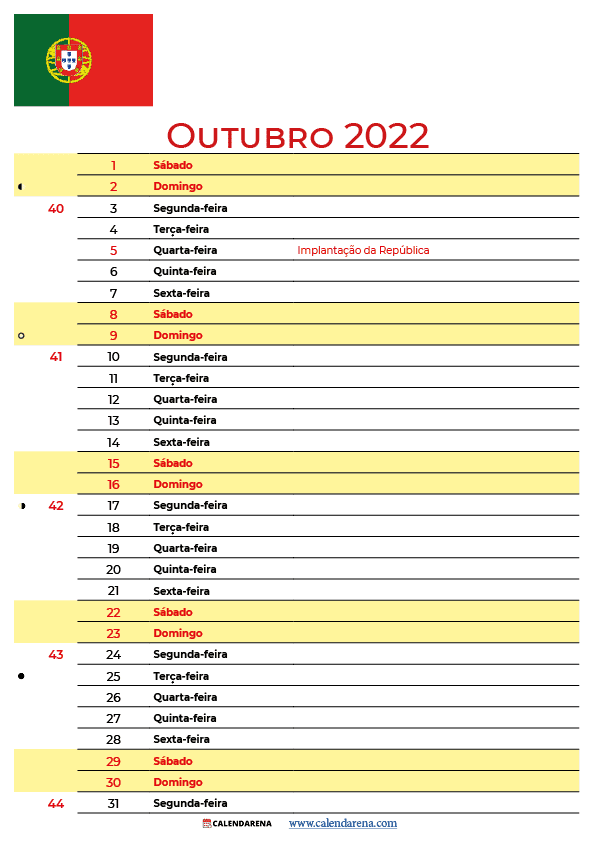 calendario de Outubro 2022 para imprimir portugal