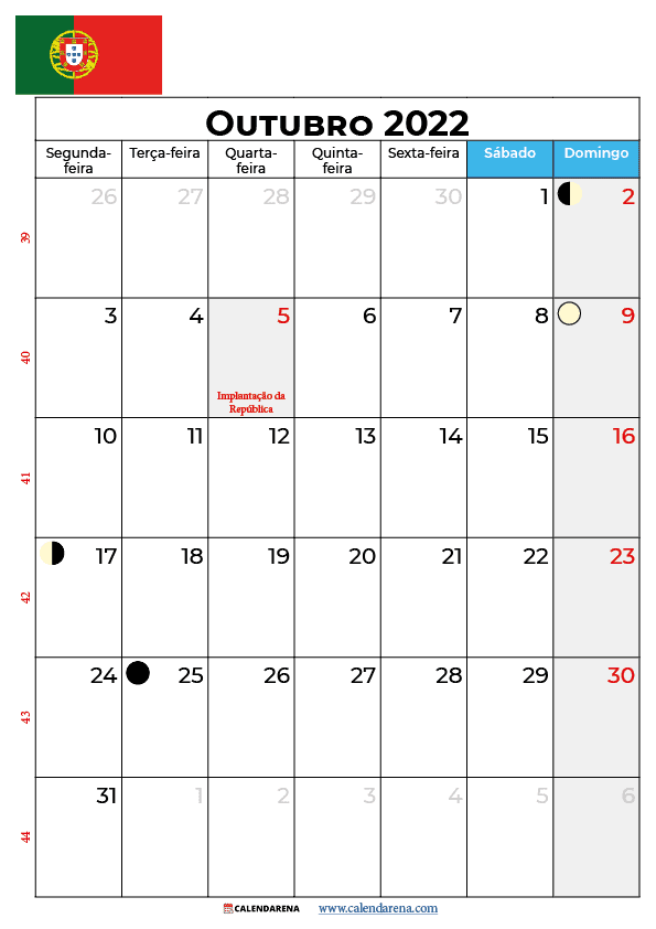 calendário de Outubro 2022 portugal