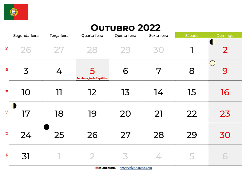 calendário de Outubro de 2022 portugal
