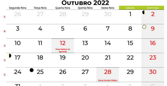 calendário de outubro de 2022 Brasil