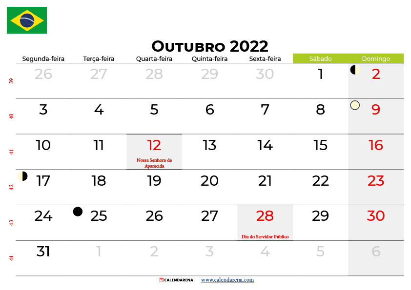 calendário de outubro de 2022 Brasil