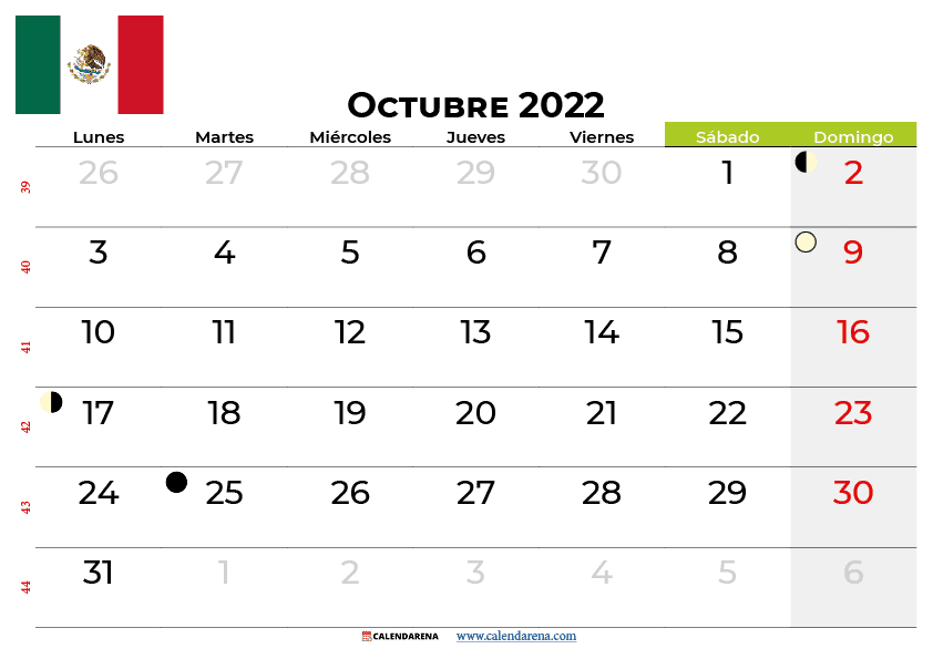 calendario octubre 2022 para imprimir México